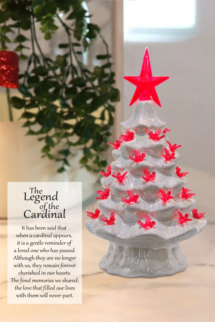 7.5" Irridescent White Tree With Cardinal Bulbs